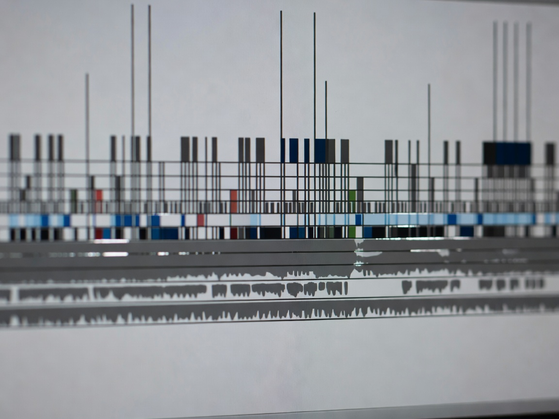 Macro shot of a video editing timeline with many small cuts